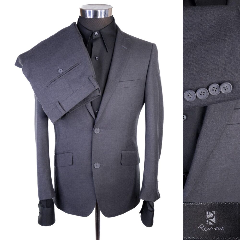 RENOIR 2-Pcs Solid Gray Suit Blazer Two Button Jacket Sz 36S Pants 32X28.5